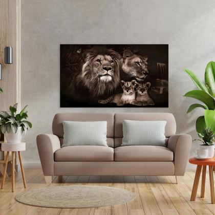 Imagem de Quadro Decorativo Sala Família Leão Grande Cores Neutras Realista Moderno