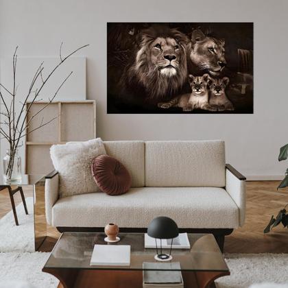 Imagem de Quadro Decorativo Sala Família Leão Grande Cores Neutras Realista Moderno