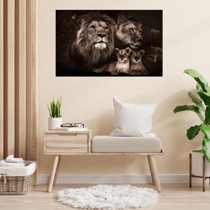 Imagem de Quadro Decorativo Sala Família Leão Grande Cores Neutras Realista Moderno