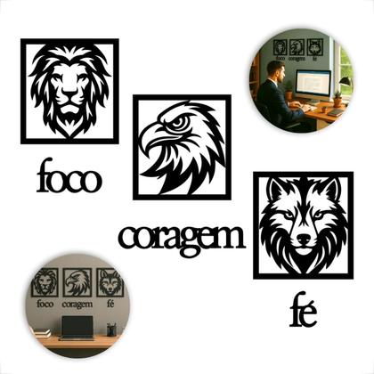 Imagem de Quadro Decorativo Sala Trio 20x20cm Foco Coragem Fé Decoração Para Quarto Mdf Preto Vazado