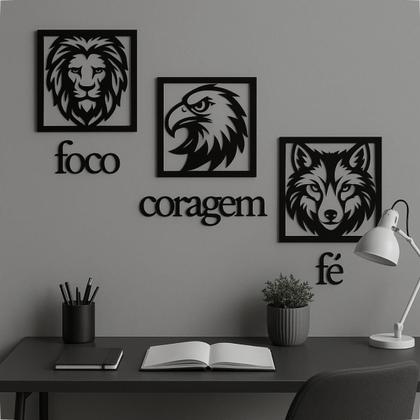 Imagem de Quadro Decorativo Sala Trio 20x20cm Foco Coragem Fé Decoração Para Quarto Mdf Preto Vazado