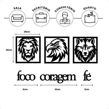 Imagem de Quadro Decorativo Sala Trio 20x20cm Foco Coragem Fé Decoração Para Quarto Mdf Preto Vazado
