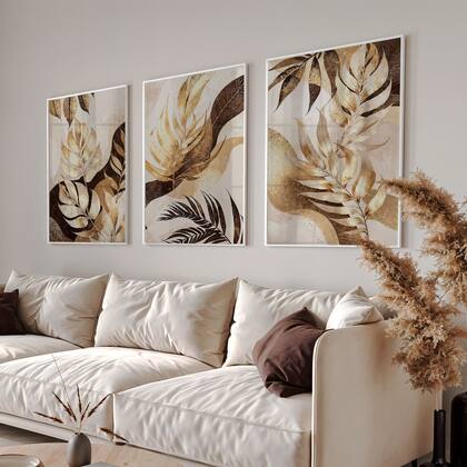 Imagem de Quadro Decorativo Trio Botânico Arte Floral Ouro Flores Sala Kit com Vidro