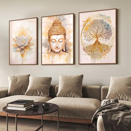 Imagem de Quadro Decorativo Trio Buda Flor Lotus e Arvore Kit Sala Quarto 55x40 com Moldura
