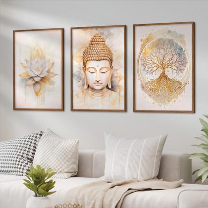 Imagem de Quadro Decorativo Trio Buda Flor Lotus e Arvore Kit Sala Quarto 55x40 com Moldura