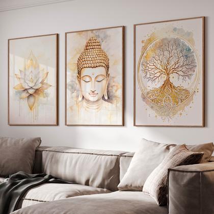 Imagem de Quadro Decorativo Trio Buda Flor Lotus e Arvore Kit Sala Quarto 55x40 com Moldura