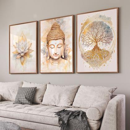 Imagem de Quadro Decorativo Trio Buda Flor Lotus e Arvore Kit Sala Quarto 55x40 com Moldura