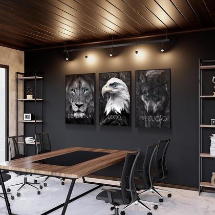 Imagem de Quadro Decorativo Trio Disciplina Foco Execução Leão Kit 70x50 com Moldura