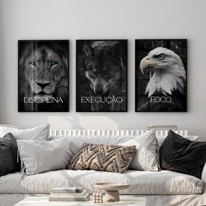 Imagem de Quadro Decorativo Trio Disciplina Foco Execução Leão Kit 70x50 com Moldura