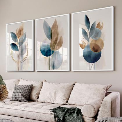 Imagem de Quadro Decorativo Trio Flor Ink Azul Flores Abstrato Decoração Sala Grande Kit 70x50 com Moldura