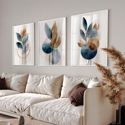 Imagem de Quadro Decorativo Trio Flor Ink Azul Flores Abstrato Decoração Sala Grande Kit 70x50 com Moldura