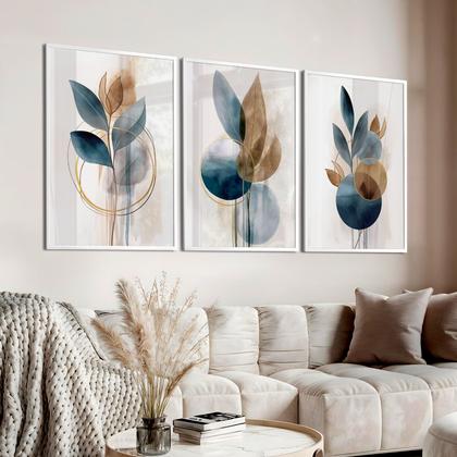 Imagem de Quadro Decorativo Trio Flor Ink Azul Flores Abstrato Decoração Sala Grande Kit 70x50 com Moldura