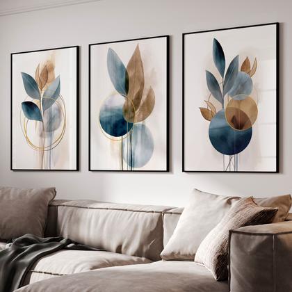 Imagem de Quadro Decorativo Trio Flor Ink Azul Flores Abstrato Decoração Sala Grande Kit 70x50 com Moldura