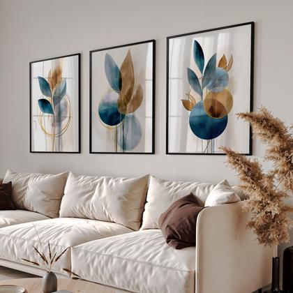 Imagem de Quadro Decorativo Trio Flor Ink Azul Flores Abstrato Decoração Sala Grande Kit 70x50 com Moldura