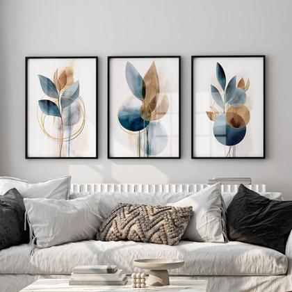 Imagem de Quadro Decorativo Trio Flor Ink Azul Flores Abstrato Decoração Sala Grande Kit 70x50 com Moldura