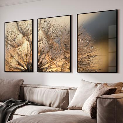 Imagem de Quadro Decorativo Trio Flores Sala Presente Kit Dandelion com Vidro