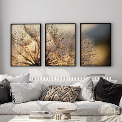 Imagem de Quadro Decorativo Trio Flores Sala Presente Kit Dandelion com Vidro