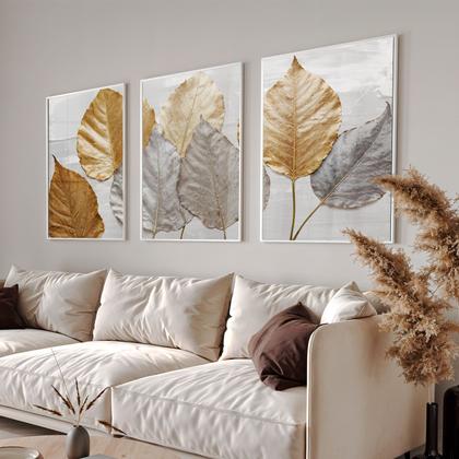 Imagem de Quadro Decorativo Trio Folhas Lindas Outono Golden Flores Sala Luxo com Vidro