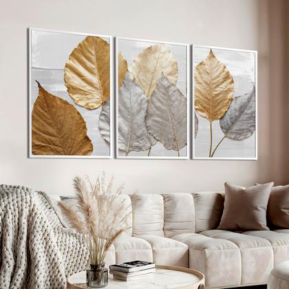 Imagem de Quadro Decorativo Trio Folhas Lindas Outono Golden Flores Sala Luxo com Vidro