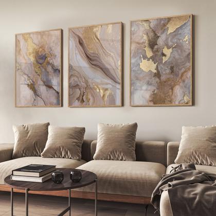Imagem de Quadro Decorativo Trio Mármore Golden Sala Mderna Elegante Kit com Vidro