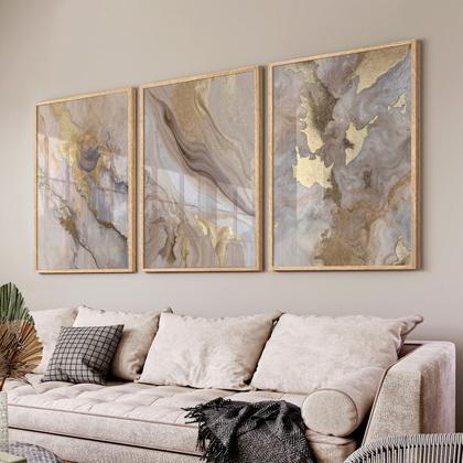 Imagem de Quadro Decorativo Trio Mármore Golden Sala Mderna Elegante Kit com Vidro