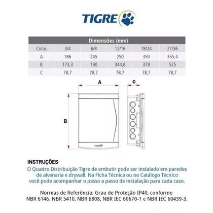 Imagem de Quadro Distribuição Embutir 3/4 Disjuntores Branca Tigre