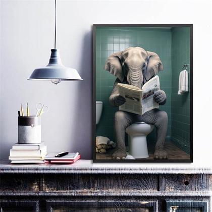 Imagem de Quadro Elefante No Banheiro Lendo Jornal 45x34cm