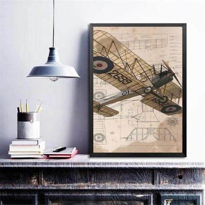 Imagem de Quadro Esboço Avião Vintage 24X18Cm - Com Vidro