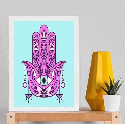 Imagem de Quadro Esotérico Olho Grego Com Hamsa 24x18cm - com vidro