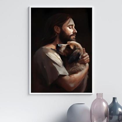 Imagem de Quadro Jesus Abraçando Cachorro 45X34Cm - Com Vidro