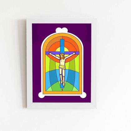 Imagem de Quadro Jesus Cristo Cruz Vitral Moldura Branca 60x40cm