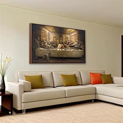 Imagem de Quadro Luxo em tecido canvas com Moldura Santa Ceia com Jesus 93cm