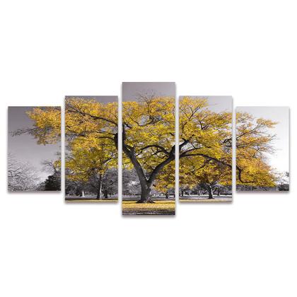 Imagem de Quadro Mosaico Decorativo Ypê Amarelo  Árvore Fundo Preto Branco 5 Peças