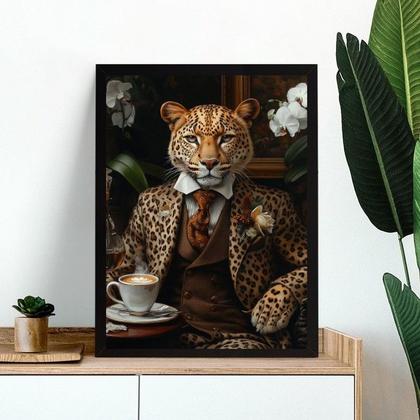 Imagem de Quadro Onça Elegante Tomando Café 24x18cm - com vidro