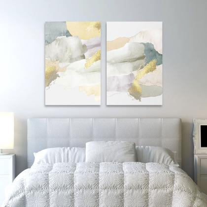 Imagem de Quadro Para Sala Moderno Abstrato Dourado e Branco Decorativo Kit 2 Telas C/ Moldura Grande - Bimper