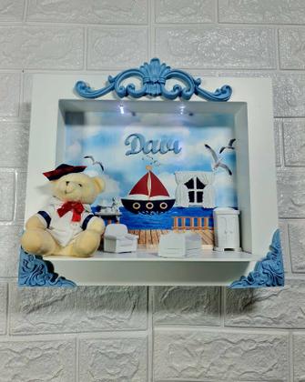 Imagem de Quadro Porta Maternidade Cenário Led  e nome - Urso marinheiro Azul BB