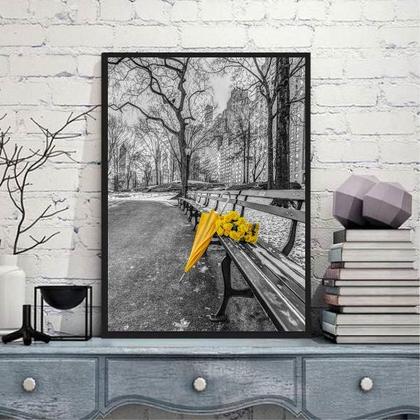 Imagem de Quadro Praça Sombrinha E Flores Amarelas 24x18cm - com vidro