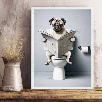 Imagem de Quadro Pug Com Jornal No Banheiro 33X24Cm