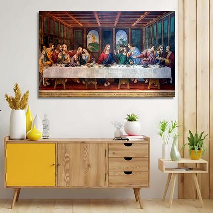 Imagem de Quadro Santa Ceia Decorativo Grande Para Sala 60x90 Tela Profissional Madeira e Tecido Alta Definição 4K