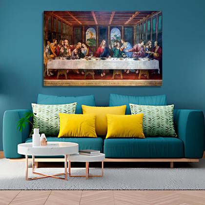 Imagem de Quadro Santa Ceia Decorativo Grande Para Sala 60x90 Tela Profissional Madeira e Tecido Alta Definição 4K
