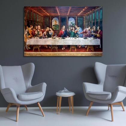 Imagem de Quadro Santa Ceia Decorativo Grande Para Sala 60x90 Tela Profissional Madeira e Tecido Alta Definição 4K
