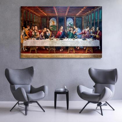 Imagem de Quadro Santa Ceia Decorativo Grande Para Sala 60x90 Tela Profissional Madeira e Tecido Alta Definição 4K