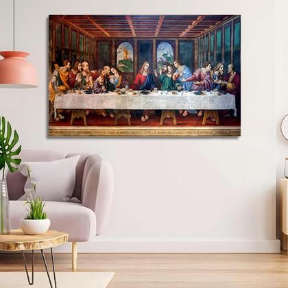 Imagem de Quadro Santa Ceia Decorativo Grande Para Sala 60x90 Tela Profissional Madeira e Tecido Alta Definição 4K