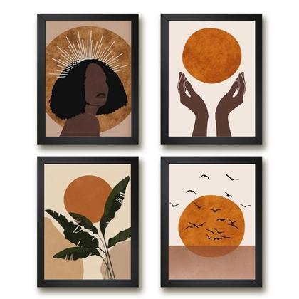 Imagem de Quadros Decorativos Boho Mulher e Lua 24x18cm c/ Vidro