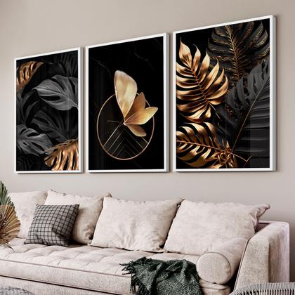 Imagem de Quadros Decorativos Borboletas Folhas Douradas
