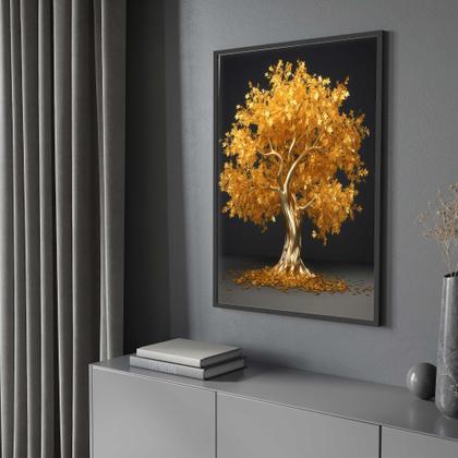 Imagem de Quadros Decorativos com com Moldura Árvore Dourada Fundo Preto Vertical para Sala Quarto Decoração