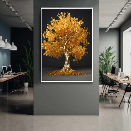 Imagem de Quadros Decorativos com com Moldura Árvore Dourada Fundo Preto Vertical para Sala Quarto Decoração