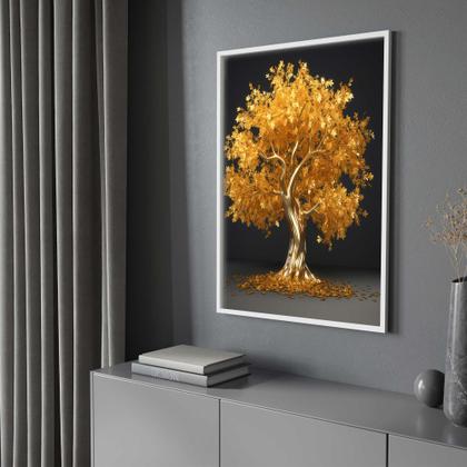 Imagem de Quadros Decorativos com com Moldura Árvore Dourada Fundo Preto Vertical para Sala Quarto Decoração