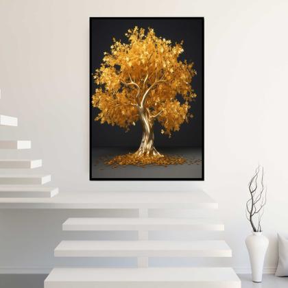 Imagem de Quadros Decorativos com com Moldura Árvore Dourada Fundo Preto Vertical para Sala Quarto Decoração