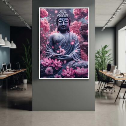 Imagem de Quadros Decorativos com com Moldura Buda Flores Rosa Buddha Vertical para Sala Quarto Decoração